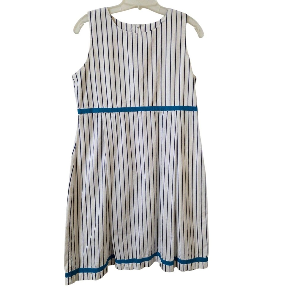 Vintage Sylvia Heigel Women's S Blue Cream Stripe Dress Pleats Ribbon Trim H3.1